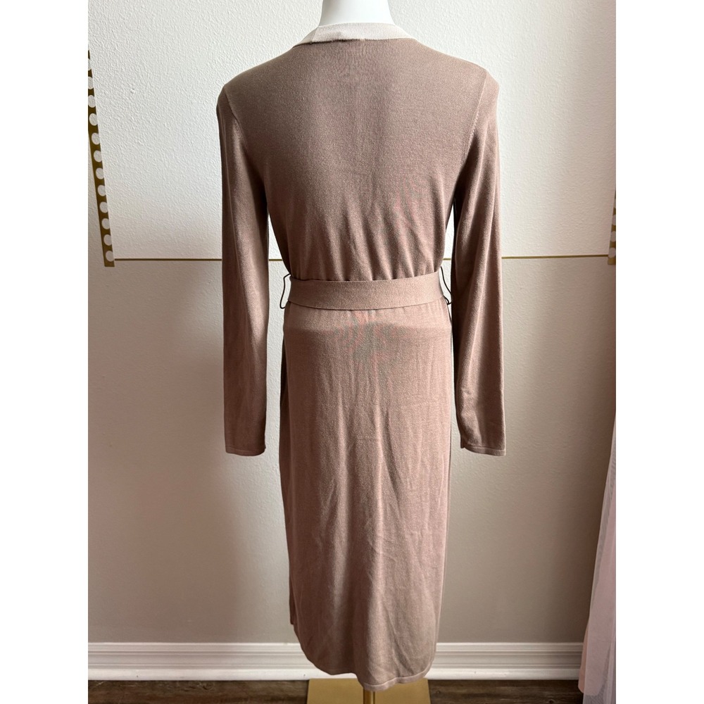 Cabi Mocha Brown Cream Genteel Trim Belted Longline Cardigan Sweater Dress SZ S - Picture 4 of 7